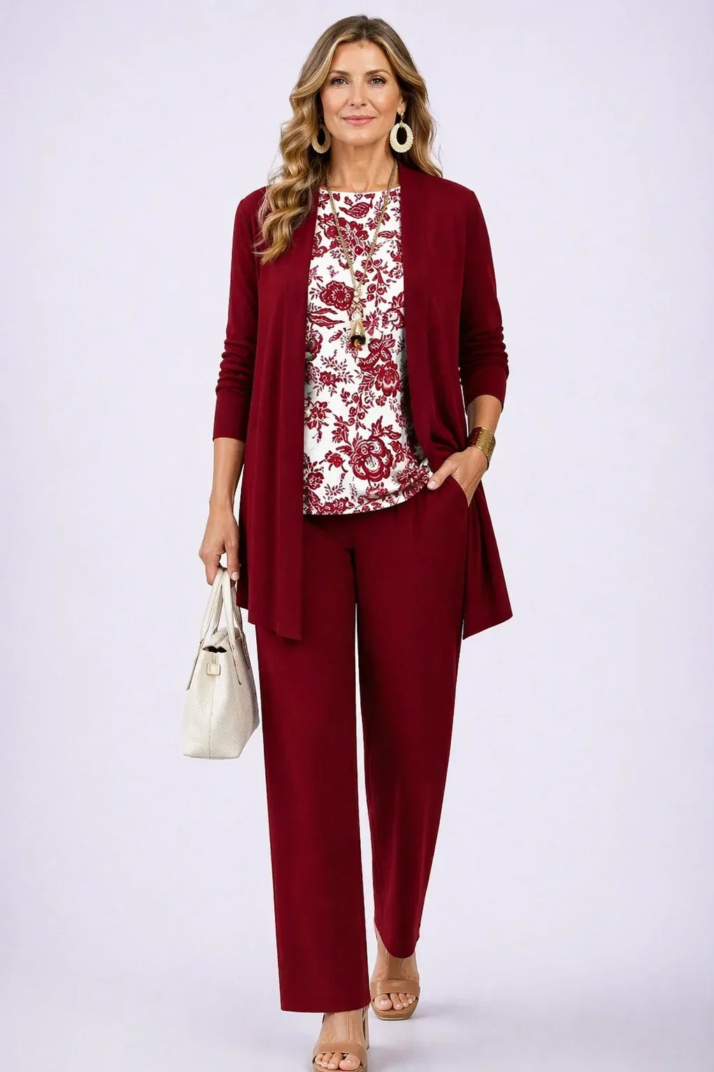 Holly | Ensemble Trois Pièces Fleuri Bordeaux