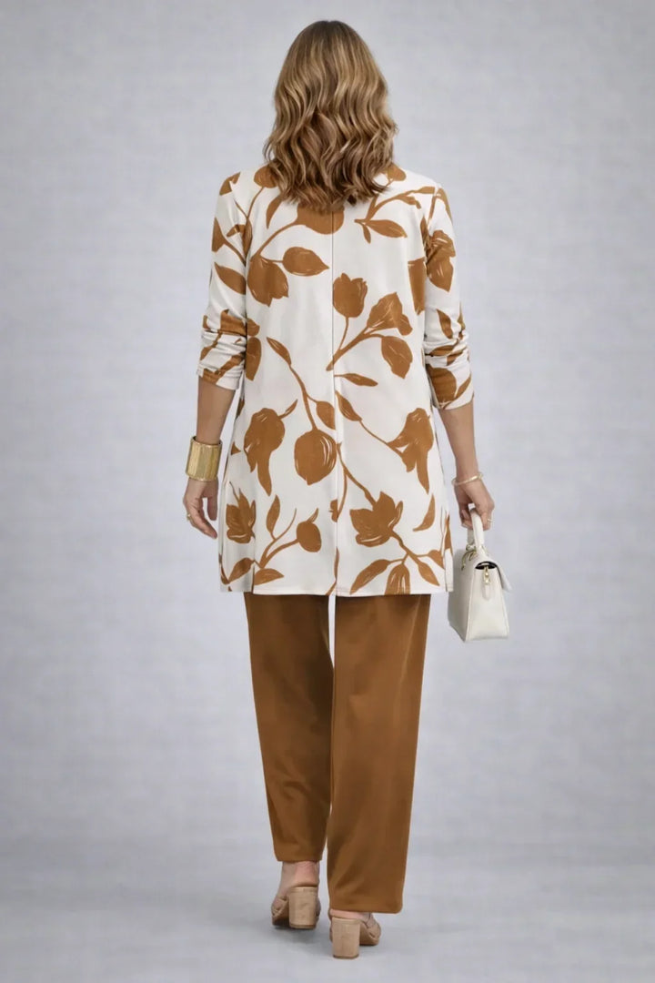 Henrietta | Ensemble Trois Pièces Caramel à Imprimé Feuilles