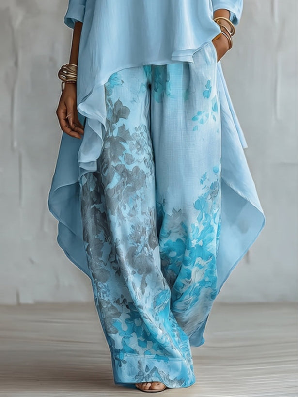 Ensemble Haut Asymétrique Bleu et Pantalon Large Fleuri