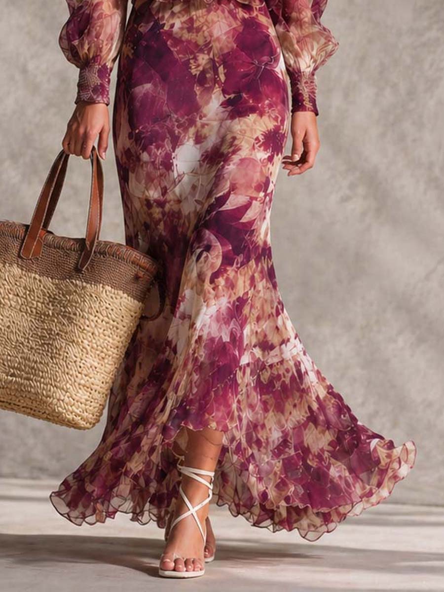 Rosanne™ | Robe Maxi en Mousseline, Épaules Dénudées, Rose Pâle Fleurie
