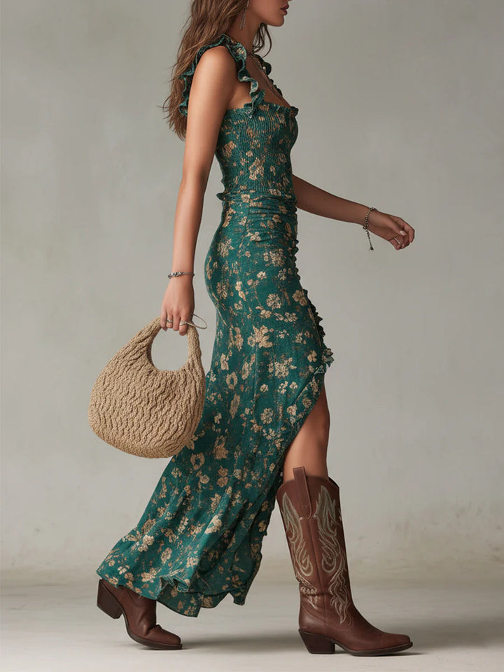 Robe Longue Bohème Imprimée à Manches Volantées