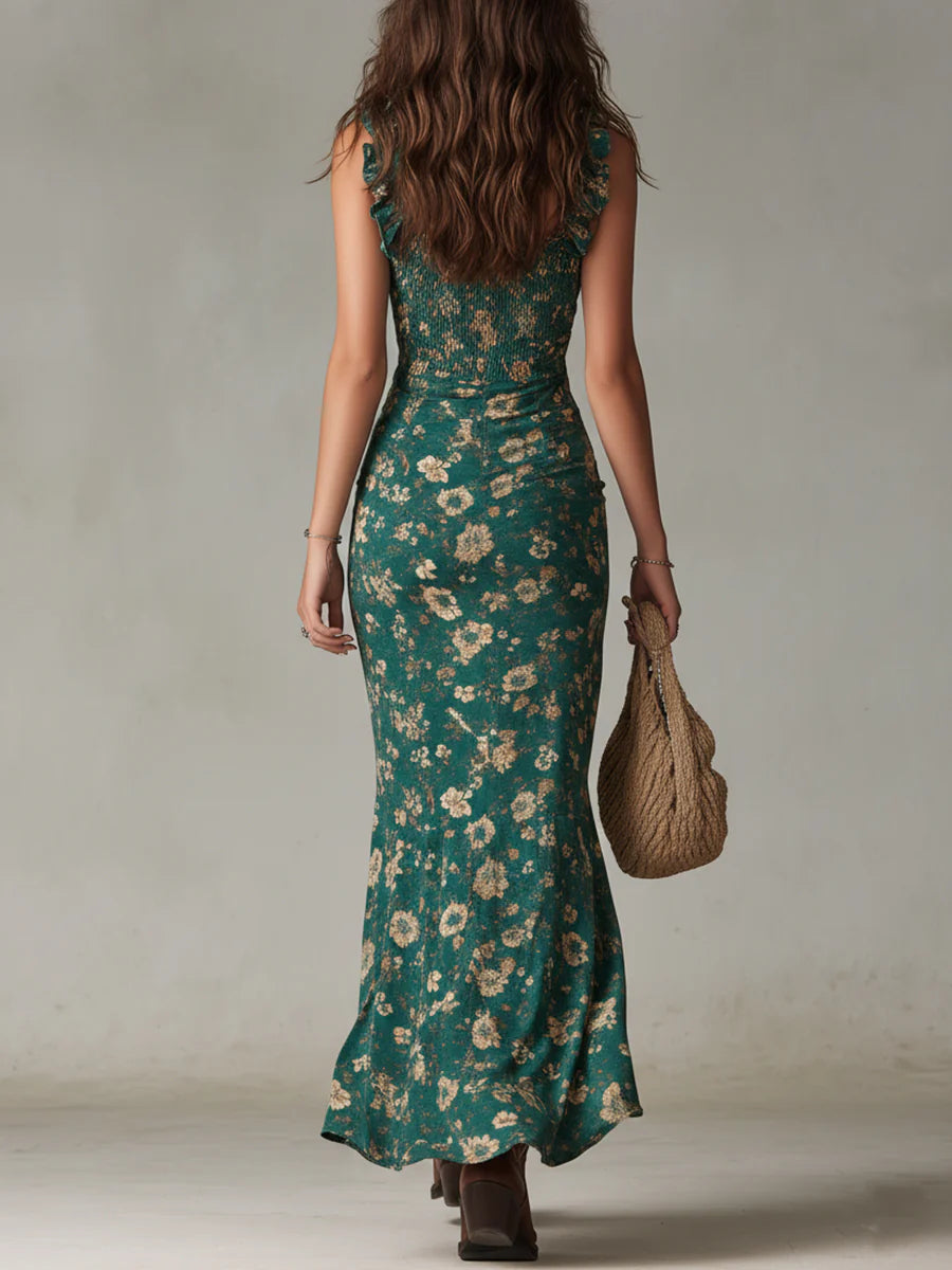Robe Longue Bohème Imprimée à Manches Volantées