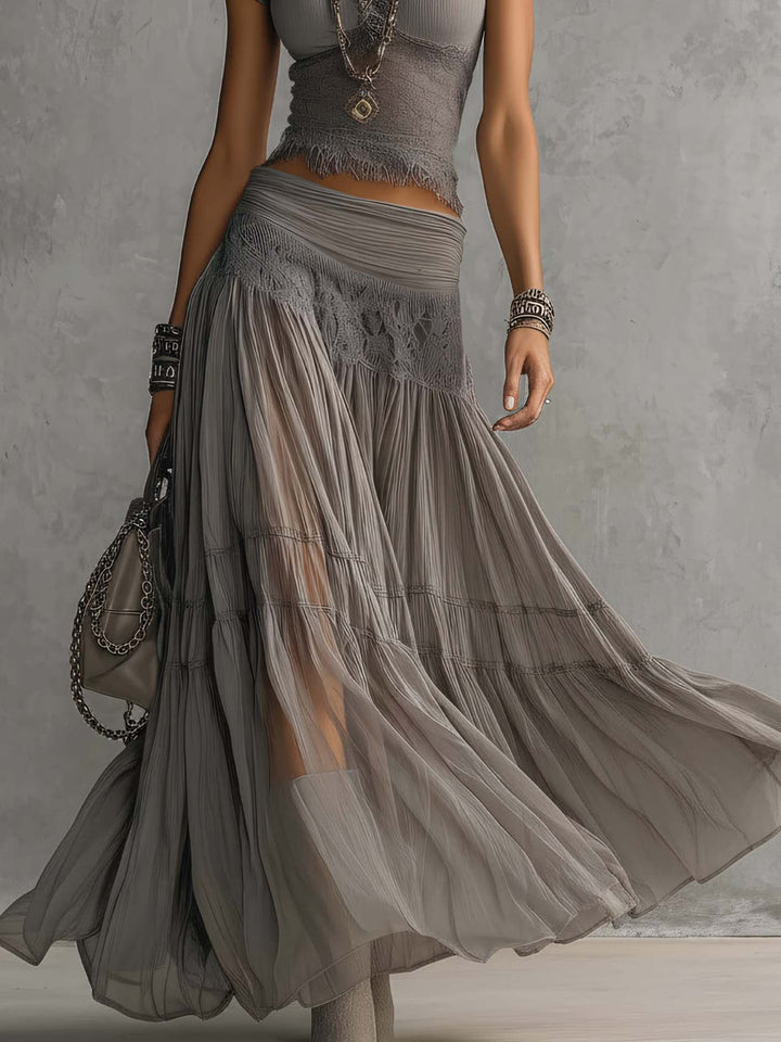 Aloïse™ | Haut Gris en Dentelle Transparente et Jupe Maxi Plissée