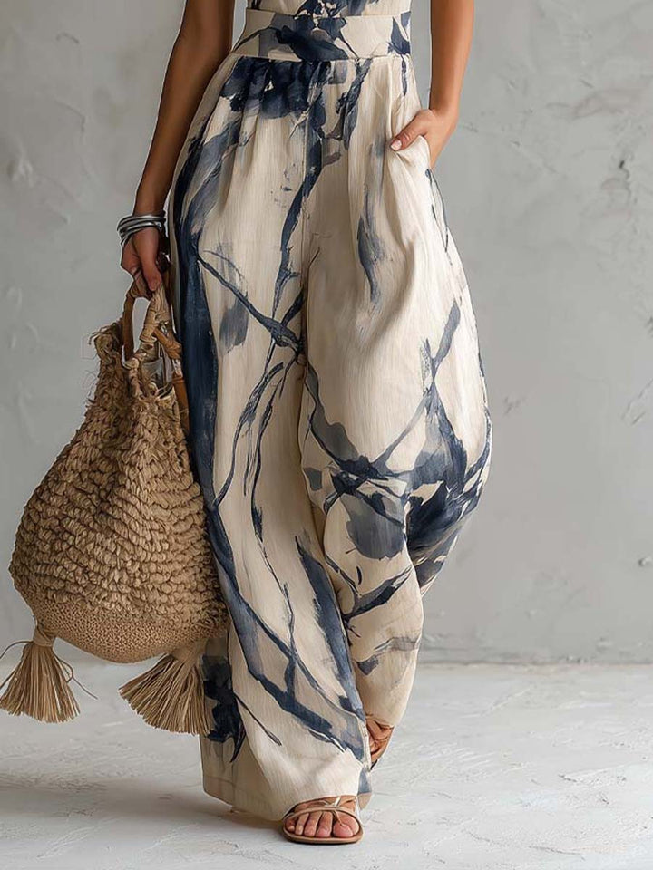 Combinaison à Col Halter et Jambes Larges, Imprimé Encre, avec Poches
