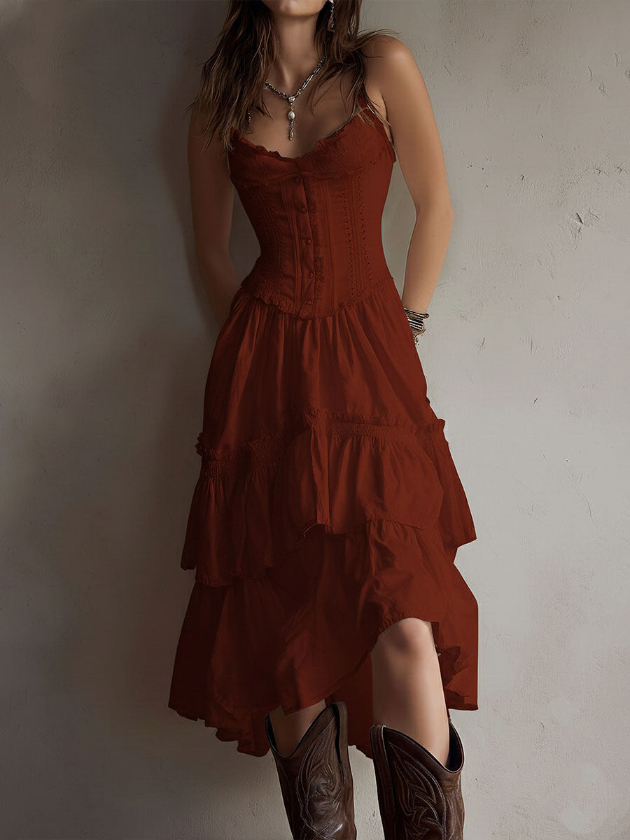 Robe midi bohème rétro à corset, volants superposés et bordure en dentelle