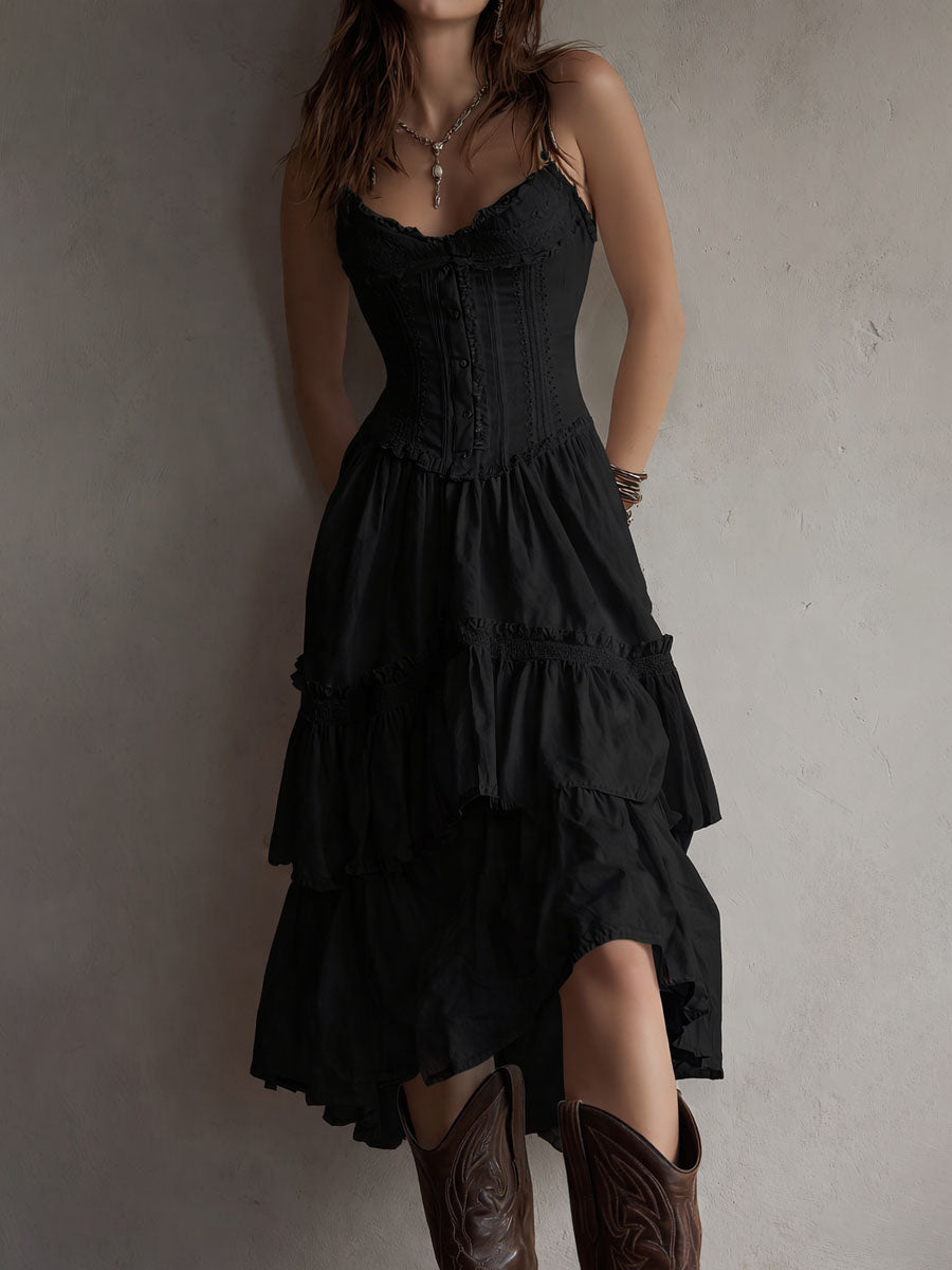 Robe midi bohème rétro à corset, volants superposés et bordure en dentelle