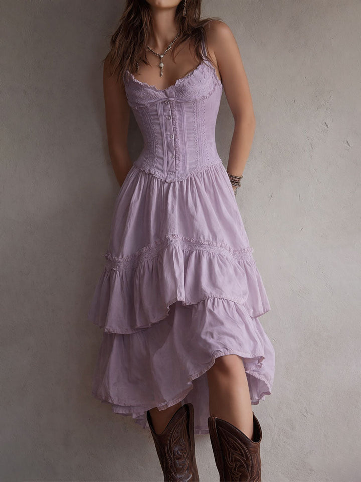 Robe midi bohème rétro à corset, volants superposés et bordure en dentelle