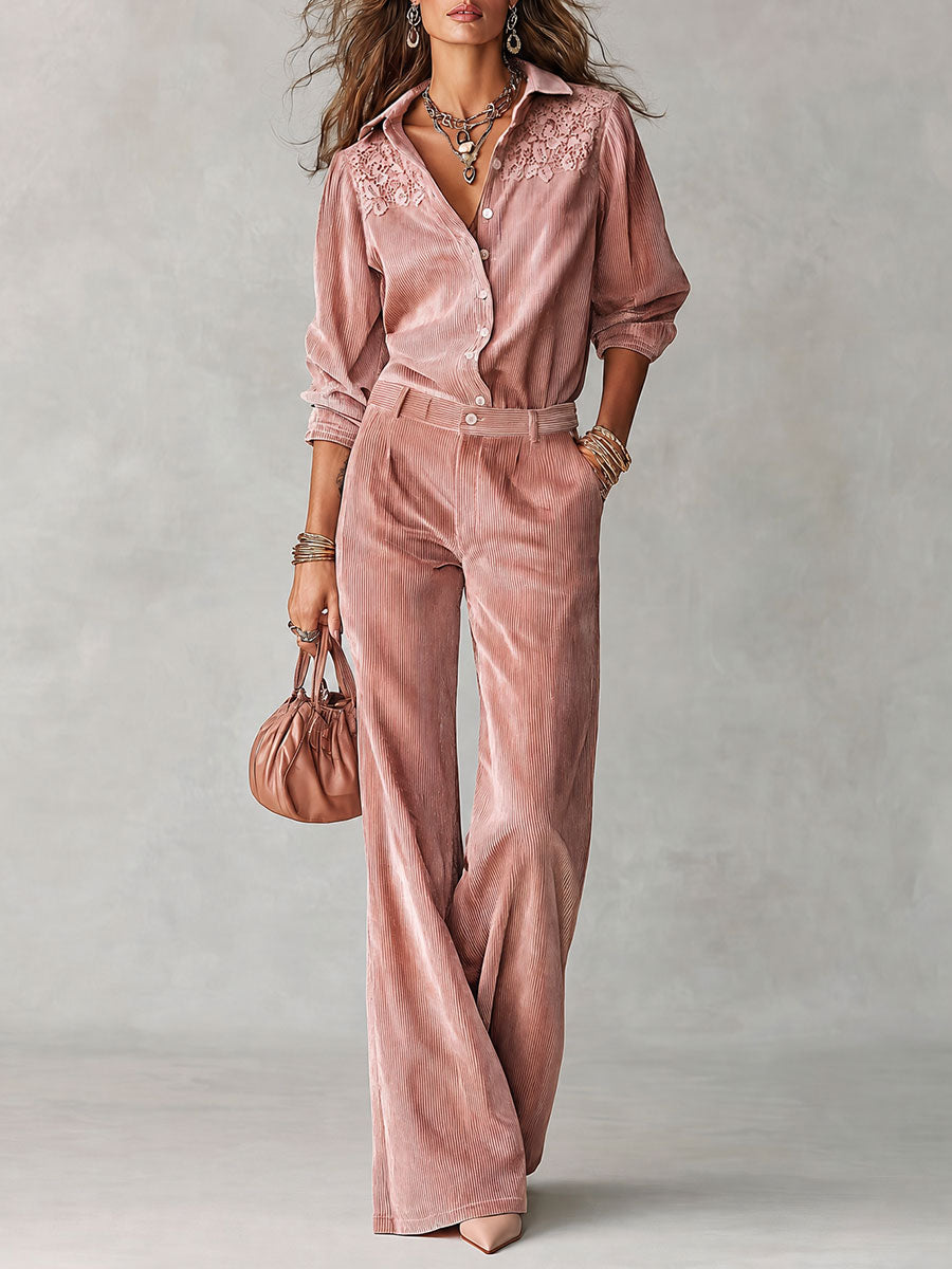 Ensemble Bohème Chemise en Velours Côtelé à Dentelle et Pantalon Large