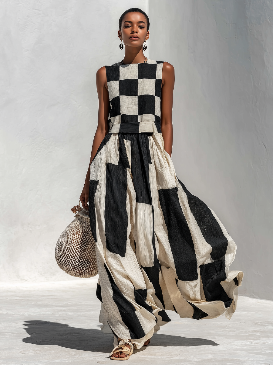 Audrey | Robe Longue Sans Manches à Empiècements Contrastés