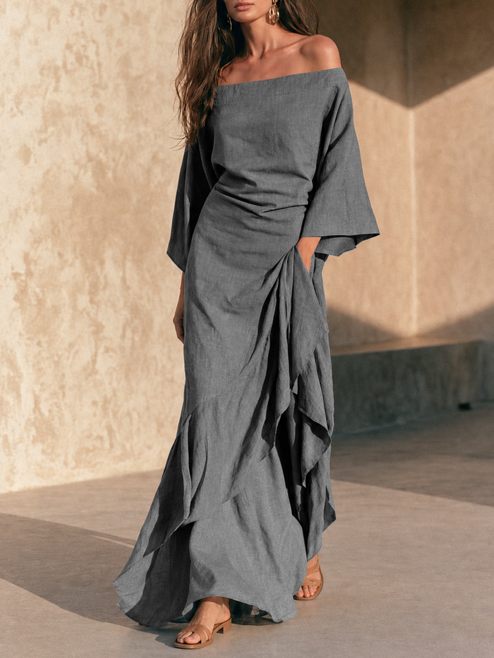Aure | Robe Maxi Minimaliste Épaules Dénudées à Ourlet Volanté et Manches Évasées