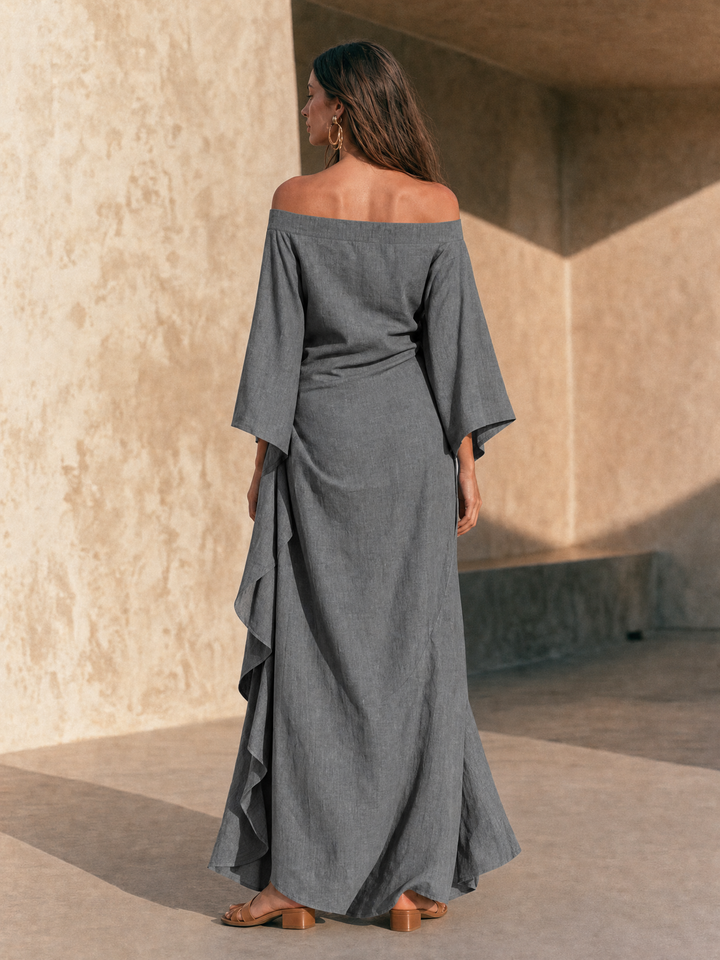 Aure | Robe Maxi Minimaliste Épaules Dénudées à Ourlet Volanté et Manches Évasées