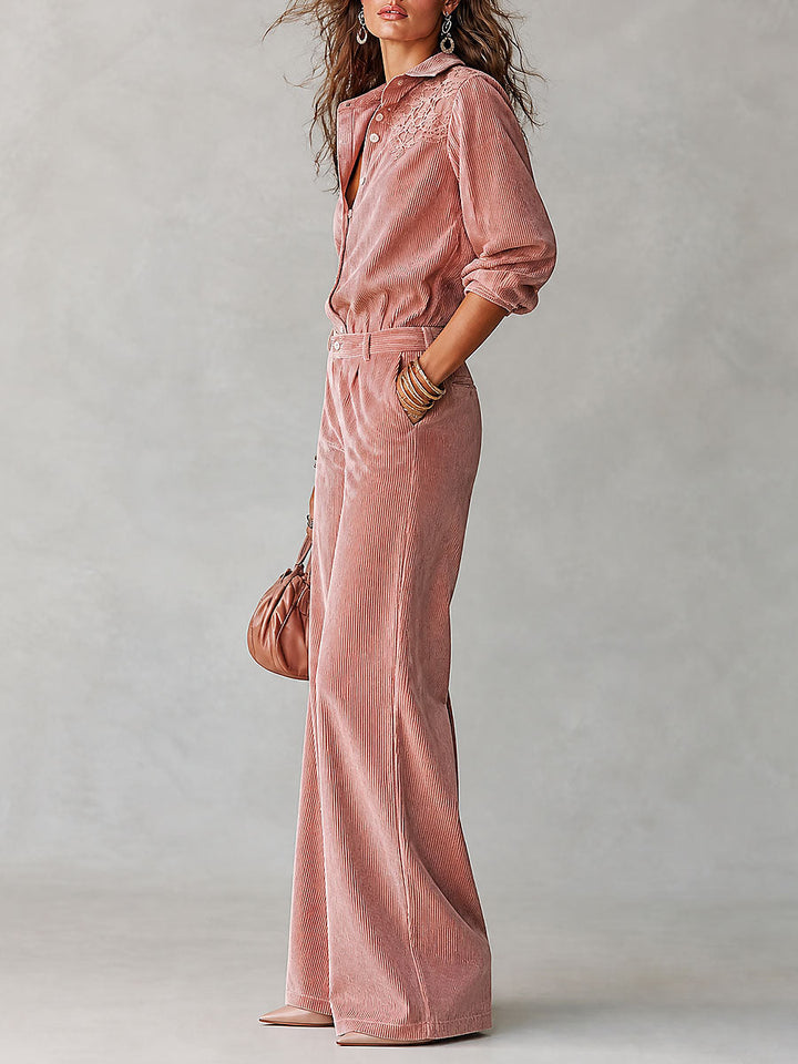 Ensemble Bohème Chemise en Velours Côtelé à Dentelle et Pantalon Large