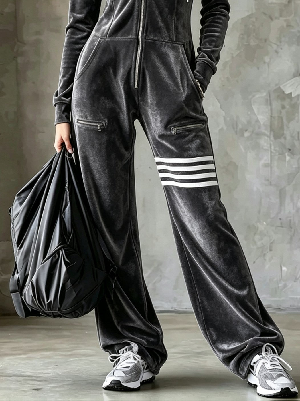 Combinaison Pantalon Large en Velours à Capuche et Zip
