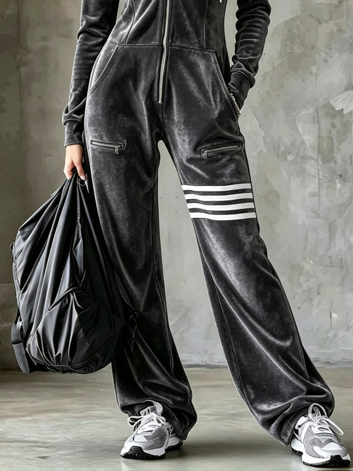 Combinaison Pantalon Large en Velours à Capuche et Zip