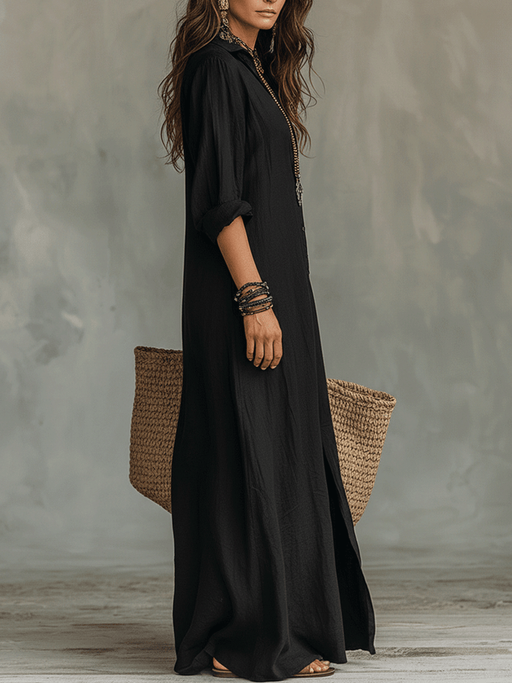 Robe longue chemise bohème noire boutonnée sur le devant