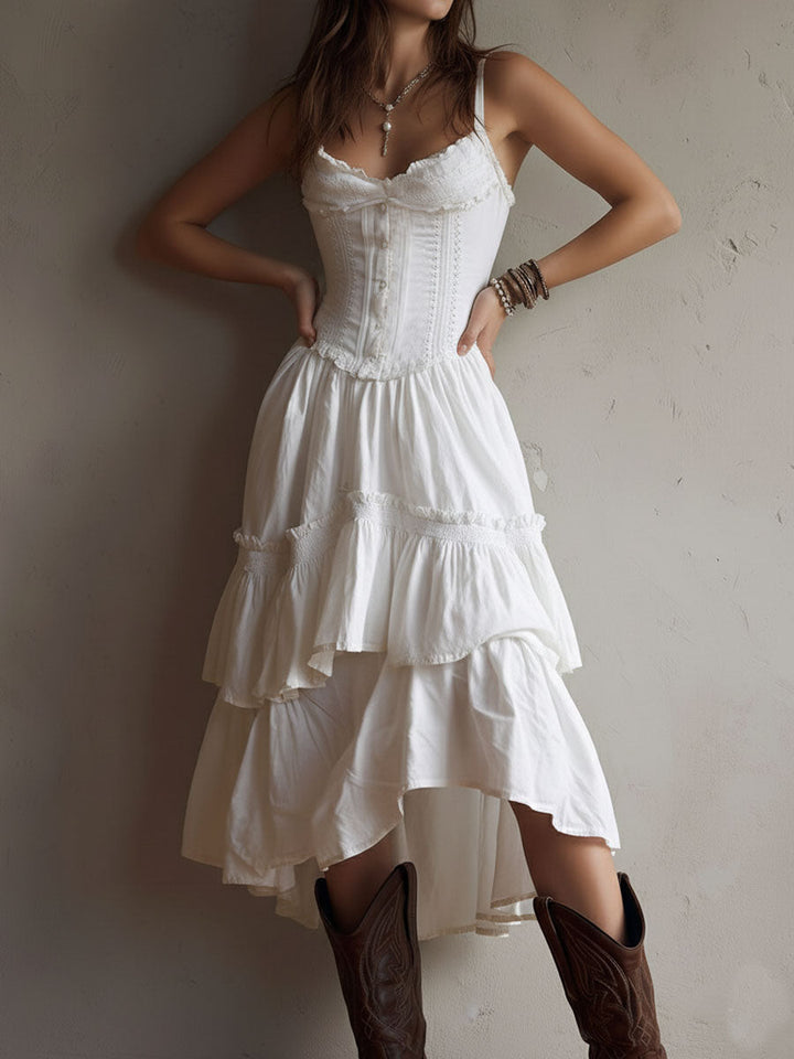 Robe midi bohème rétro à corset, volants superposés et bordure en dentelle