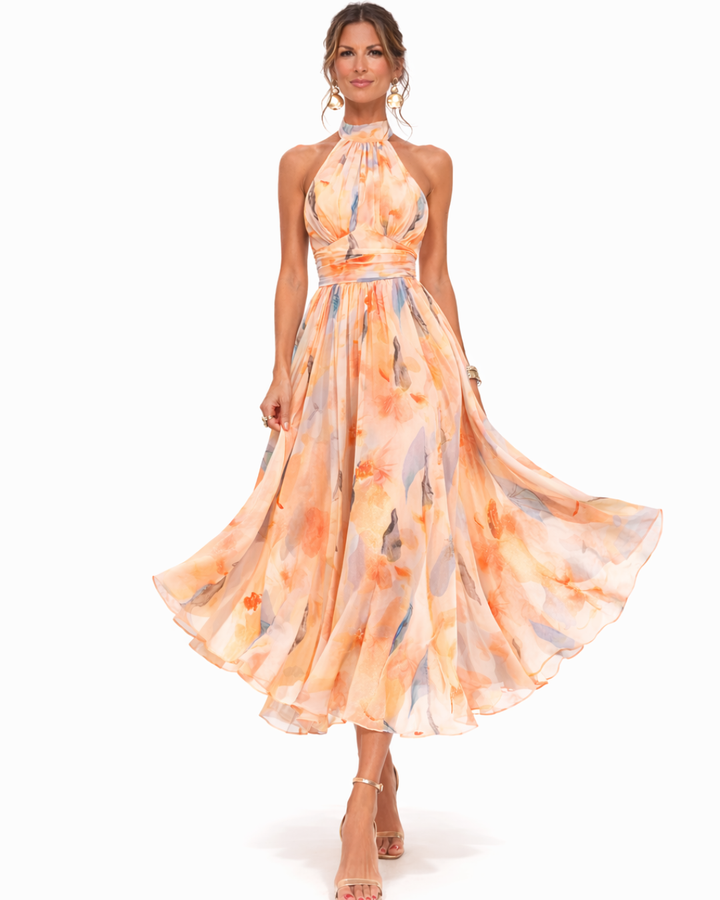 Robe Halter en Soie Imprimée Aquarelle - Collection Aurora