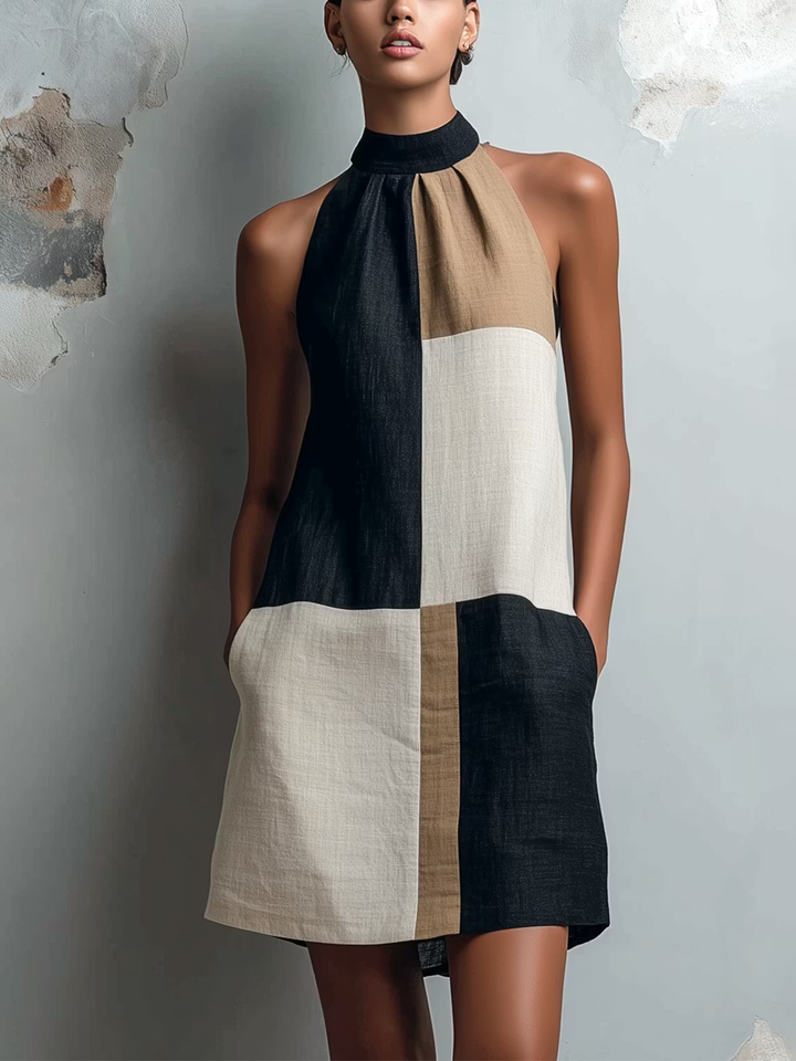 Sabrina | Robe Courte Color Block à Col Halter