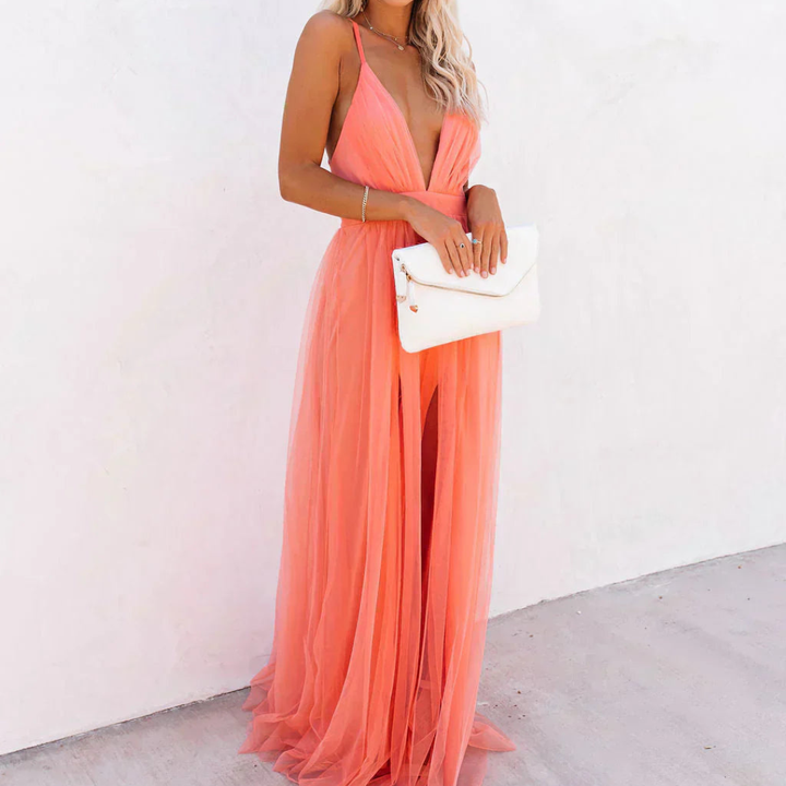 Robe Maxi en Lumière Corail - Ginevra, Élégance Inégalée