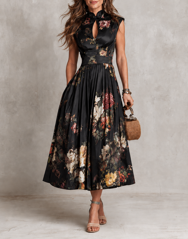 Mia | Robe Midi Satinée Plissée à Col Goutte