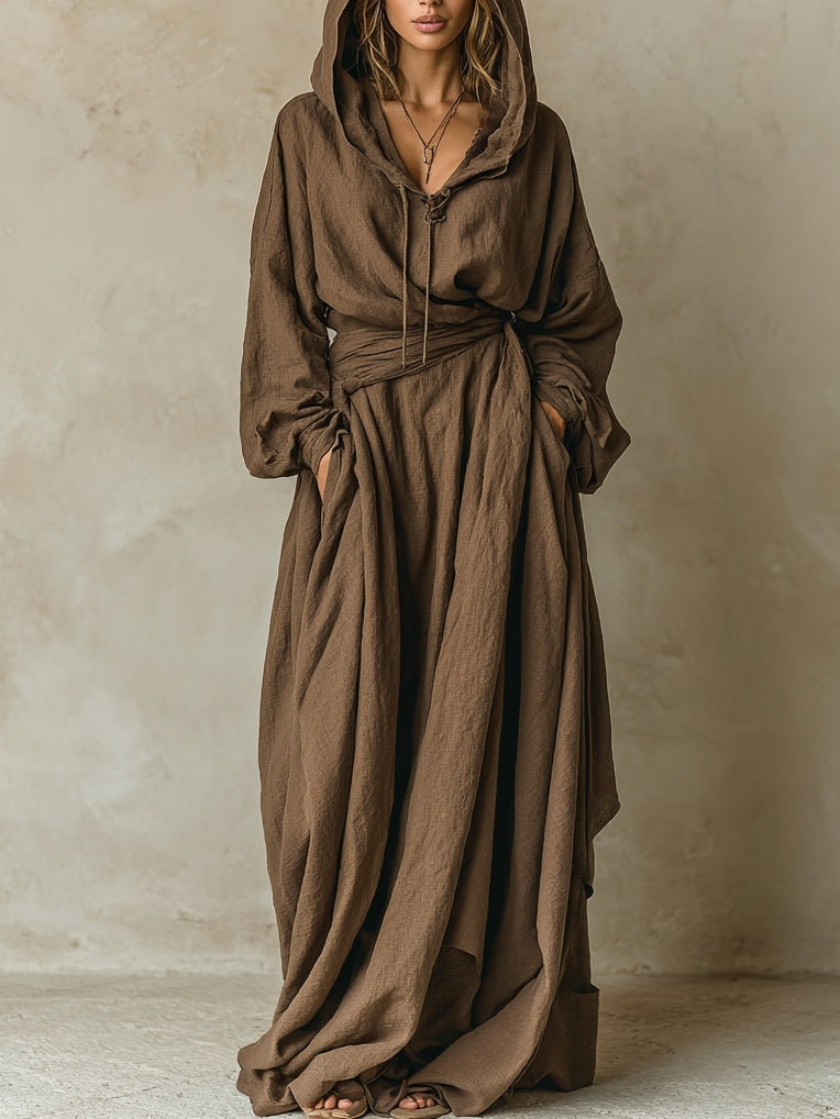 Robe Longue Ample à Capuche Marron
