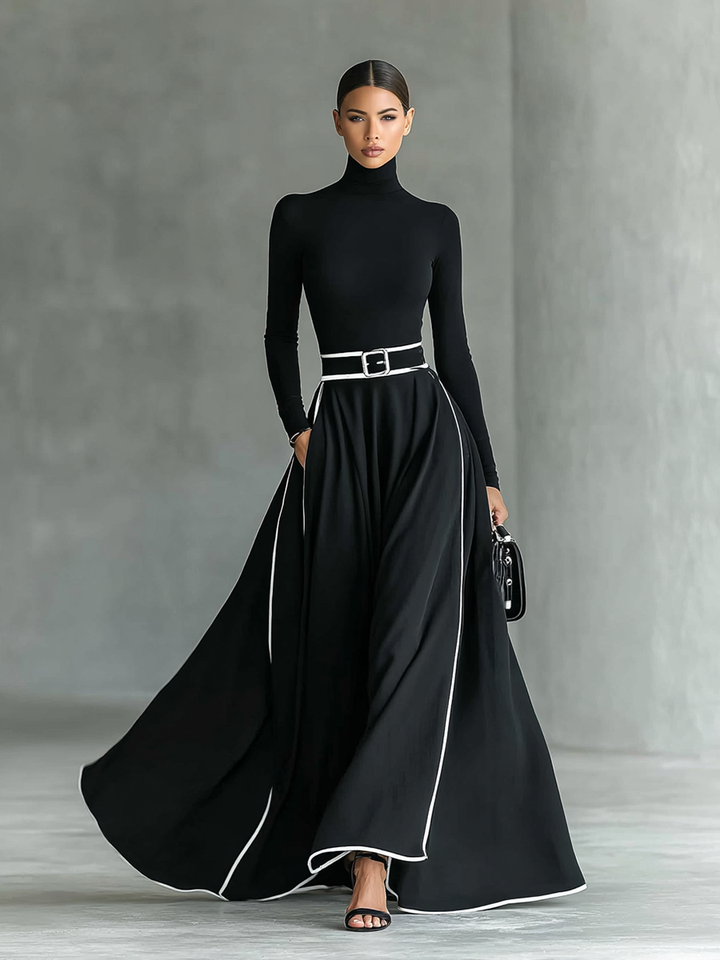 Colette | Robe Maxi Femme Noire à Coutures Blanches et Col Monté, Manches Longues, Taille Cintrée