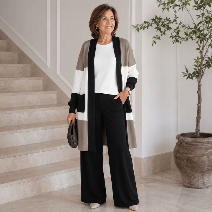 Albane | Ensemble 3 pièces en maille top, pantalon large et cardigan long