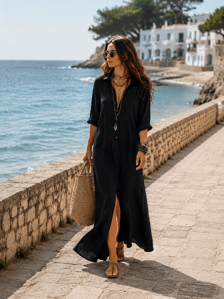 Robe longue chemise bohème noire boutonnée sur le devant