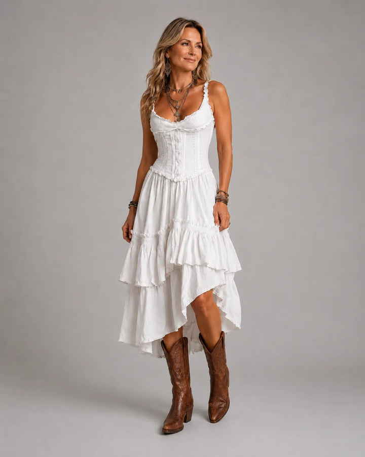 Robe midi bohème rétro à corset, volants superposés et bordure en dentelle