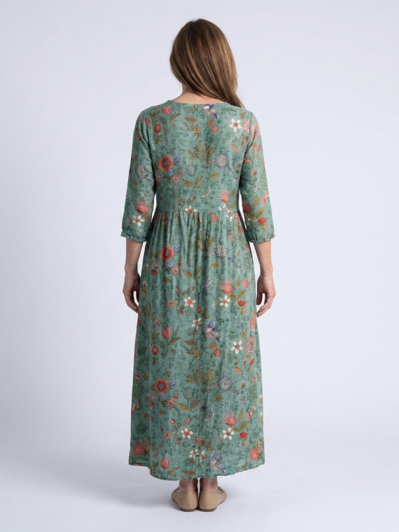 Marina | Robe Longue Fleurie à Col en V et Manches 3/4