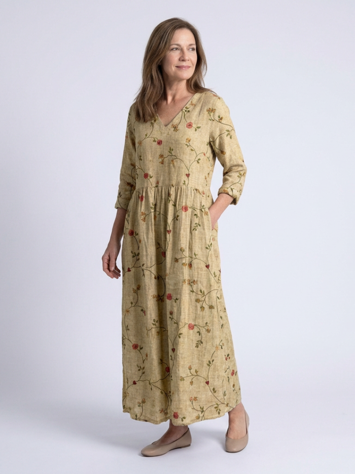 Marina | Robe Longue Fleurie à Col en V et Manches 3/4