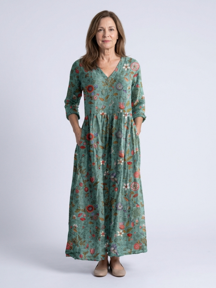Marina | Robe Longue Fleurie à Col en V et Manches 3/4