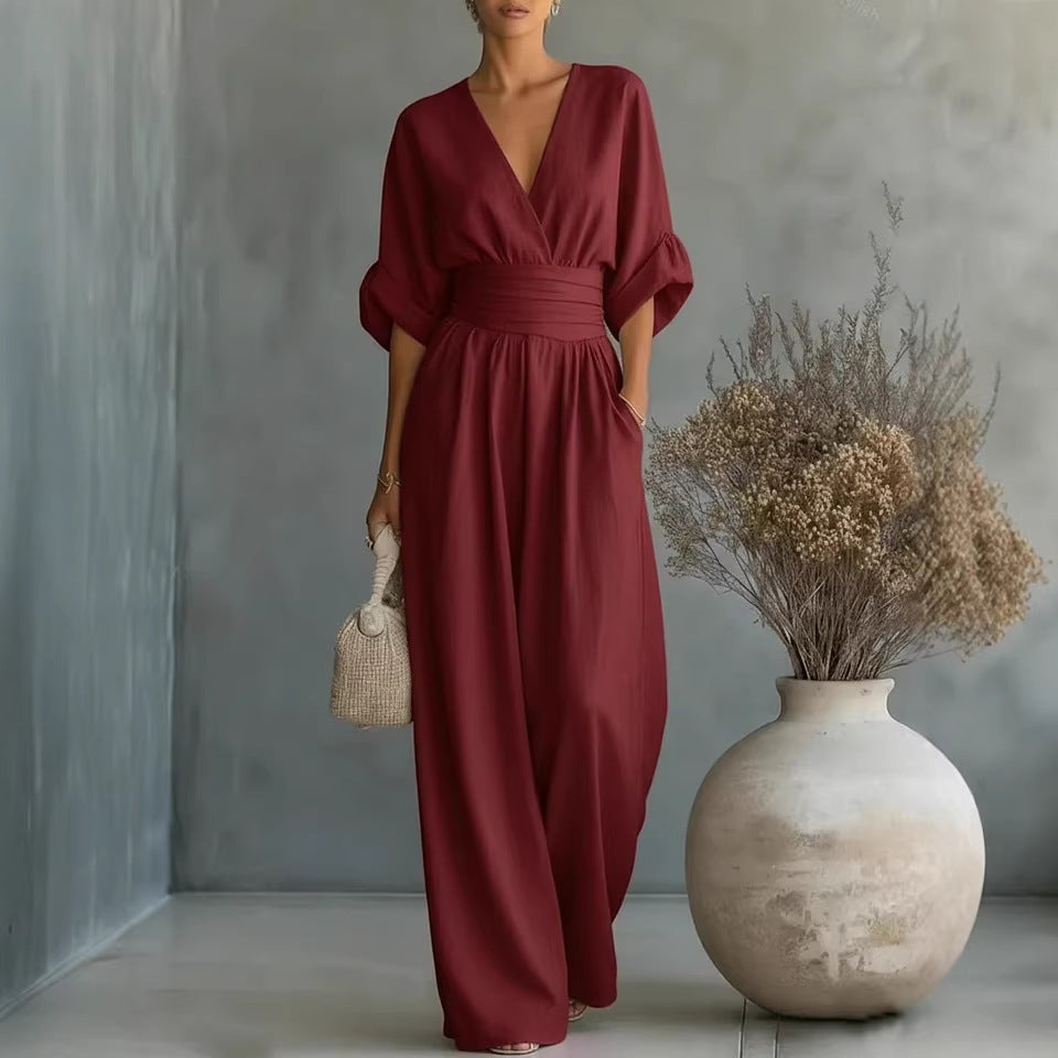 Robe Élégante en V, Dos Nu et Manches Fluides - Maison Élise