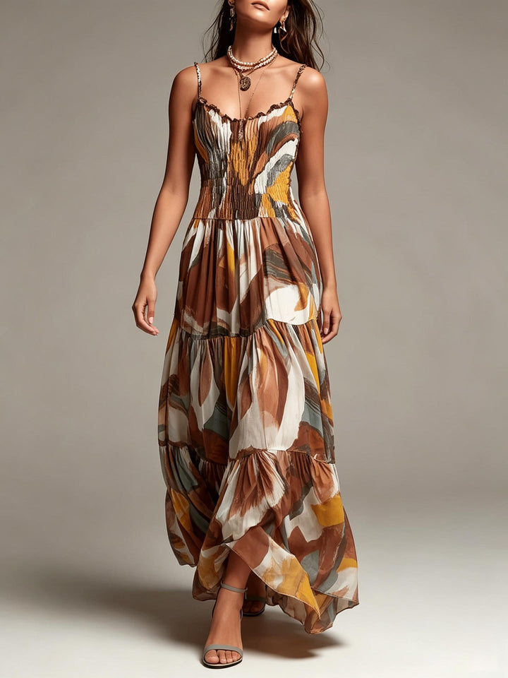 Robe Longue Smockée à Volants Étagés, Imprimé Abstrait
