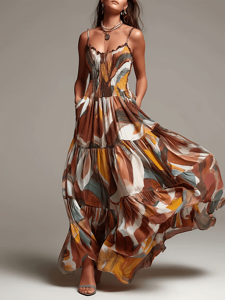 Robe Longue Smockée à Volants Étagés, Imprimé Abstrait