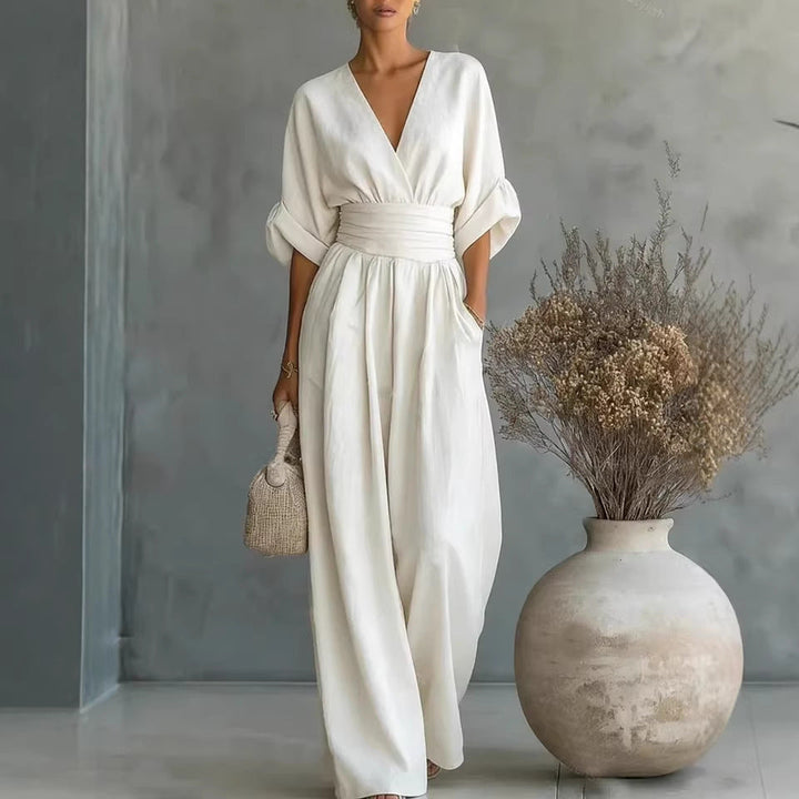 Robe Élégante en V, Dos Nu et Manches Fluides - Maison Élise