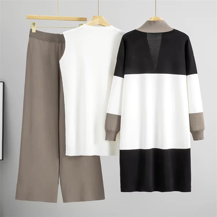 Albane | Ensemble 3 pièces en maille top, pantalon large et cardigan long