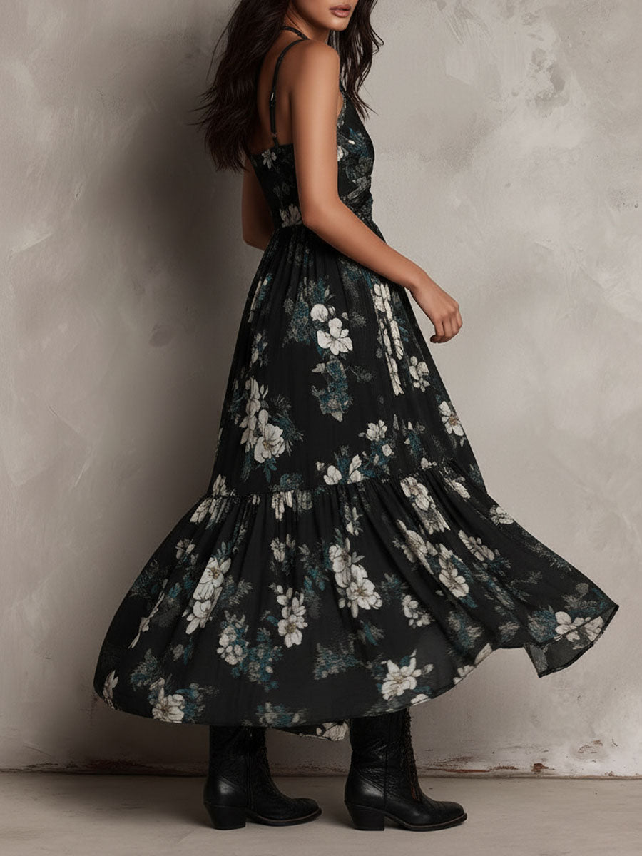 Robe Longue Bohème Noire à Fleurs, Ourlet Asymétrique