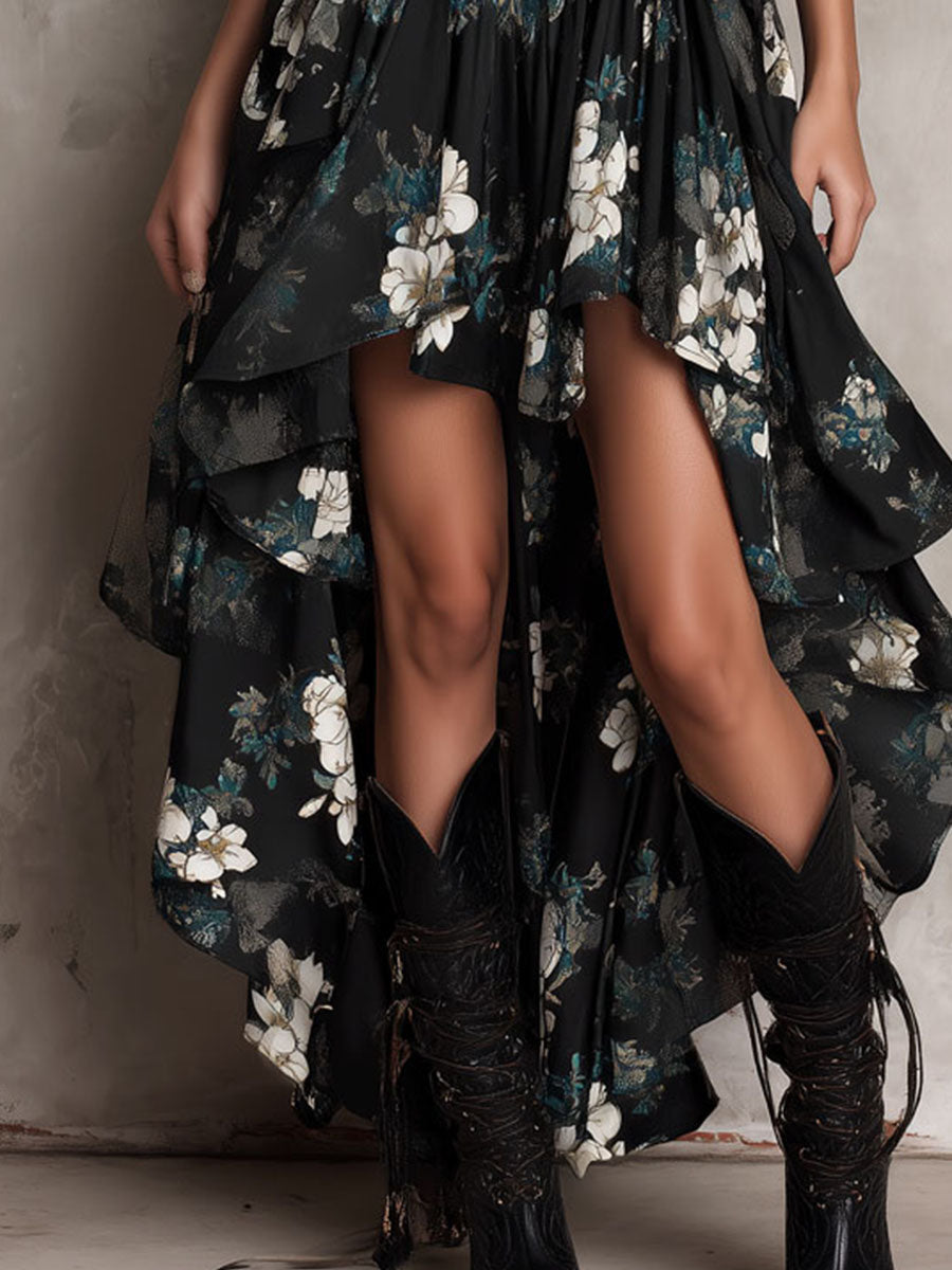 Robe Longue Bohème Noire à Fleurs, Ourlet Asymétrique