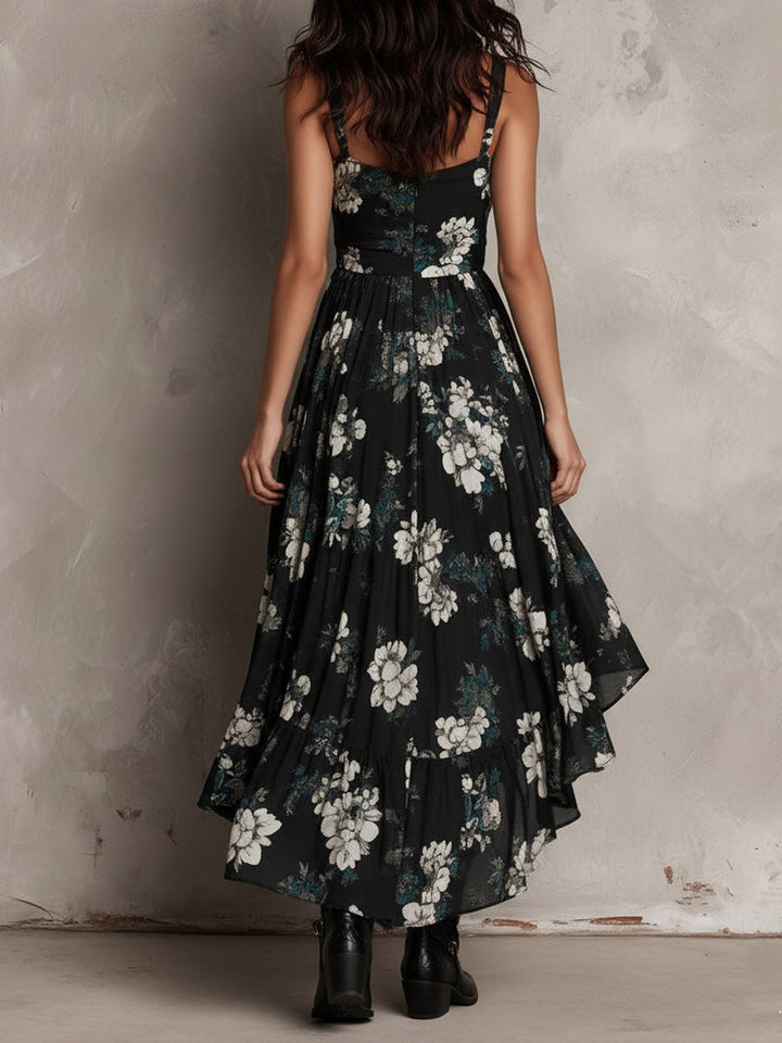 Robe Longue Bohème Noire à Fleurs, Ourlet Asymétrique