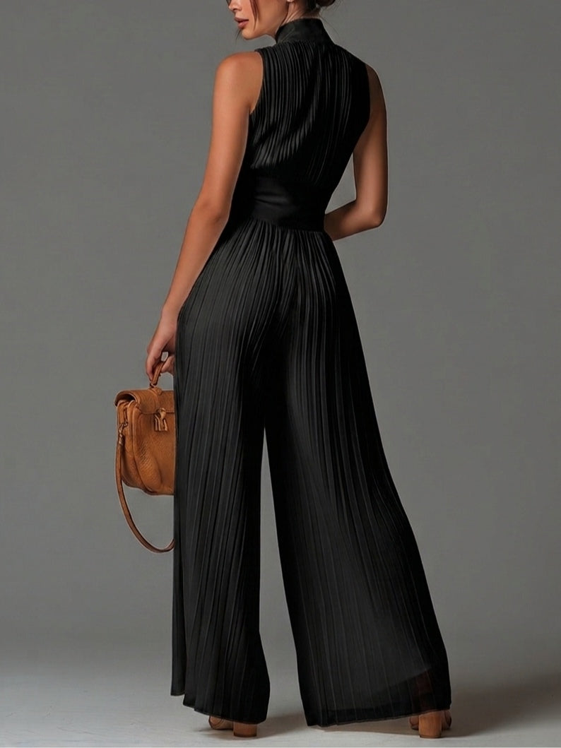 Combinaison Noire en Mousseline Plissée, Col en V et Jambes Larges