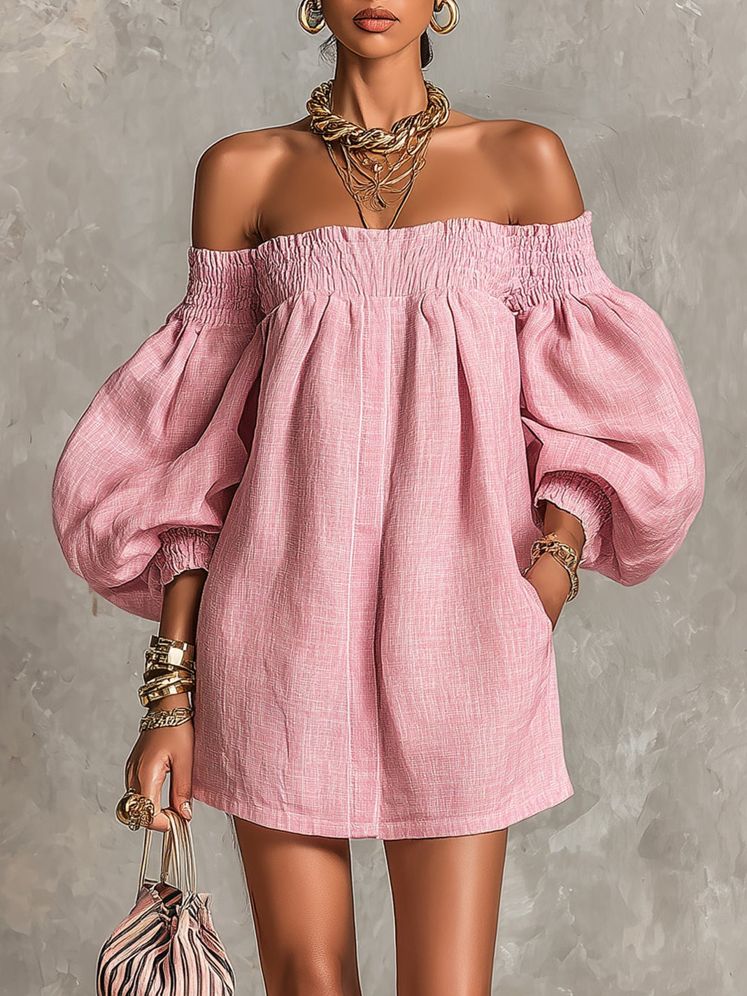 Rosaline | Mini Robe Épaules Dénudées à Manches Bouffantes