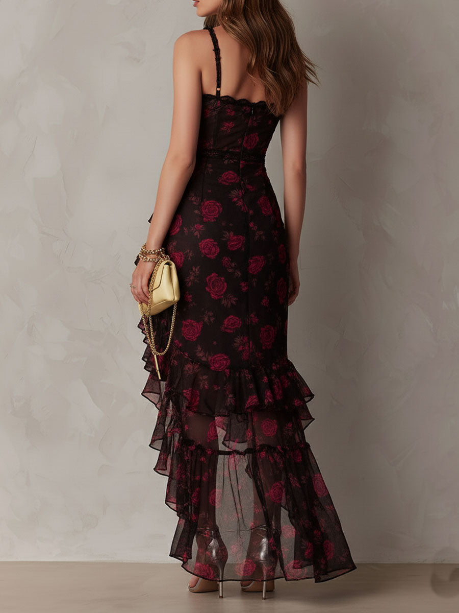 Robe Chic à Fleurs Noir et Rouge, Fronces et Ourlet à Volants