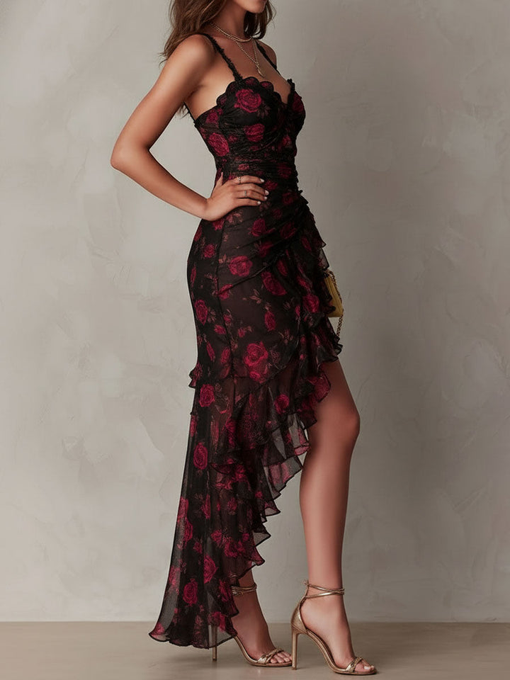 Robe Chic à Fleurs Noir et Rouge, Fronces et Ourlet à Volants