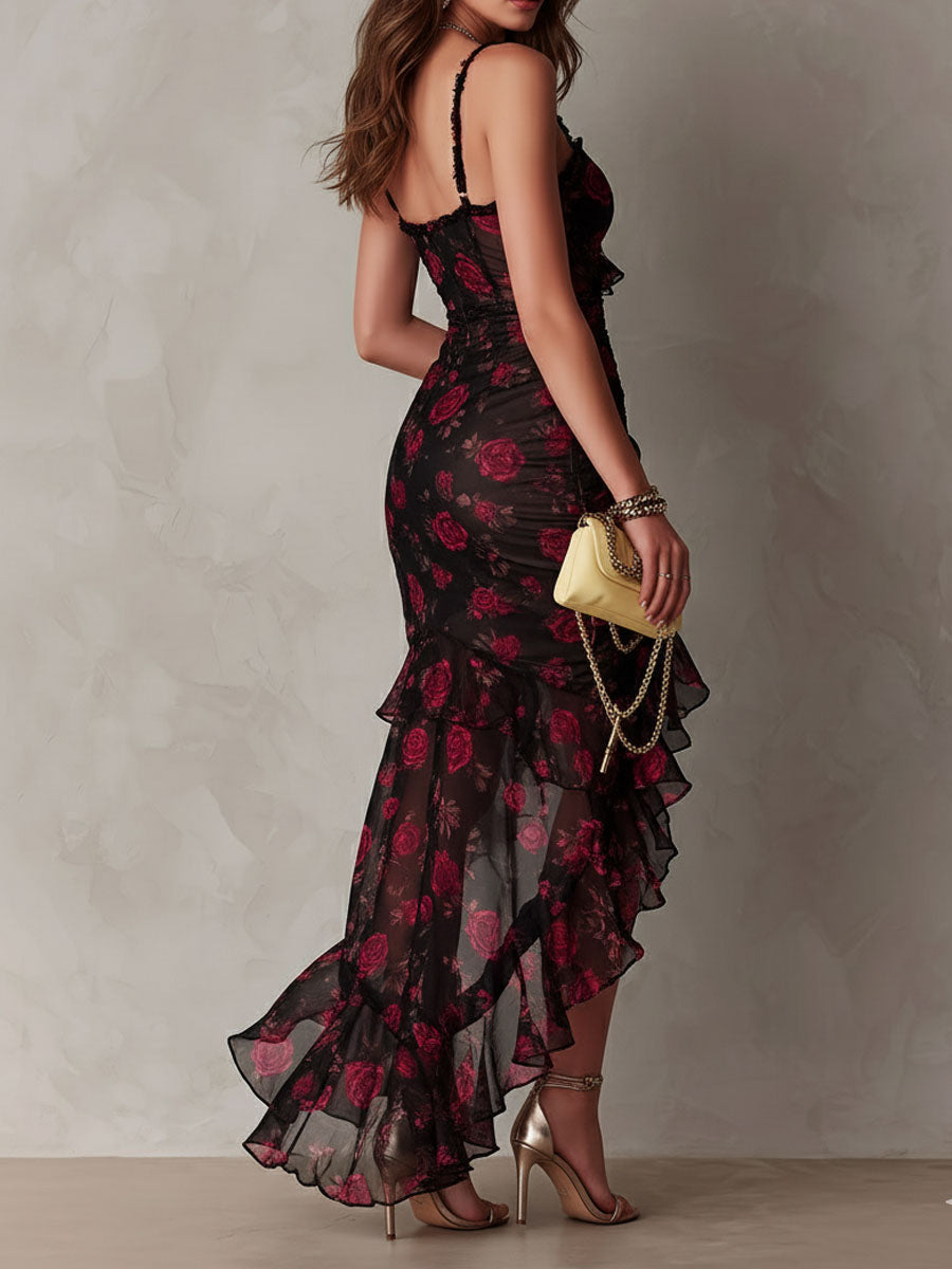 Robe Chic à Fleurs Noir et Rouge, Fronces et Ourlet à Volants