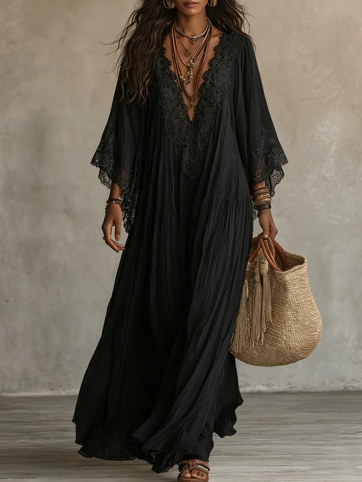 Ravenna | Robe Longue à Manches Chauve-Souris et Dentelle