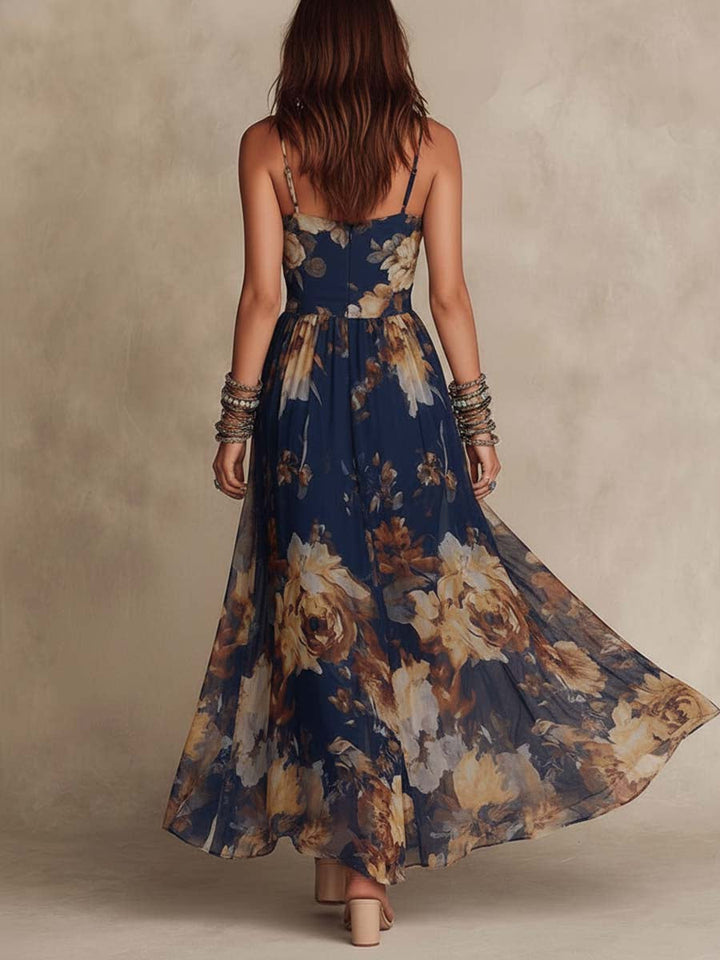 Adrienne | Robe Maxi en Chiffon Bleu Marine à Imprimé Floral et Fines Bretelles