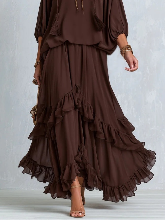 Ensemble Haut Col en V à Pompons et Jupe à Volants Superposés en Mousseline Marron