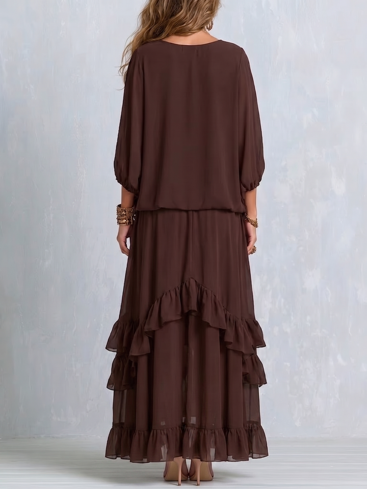 Ensemble Haut Col en V à Pompons et Jupe à Volants Superposés en Mousseline Marron