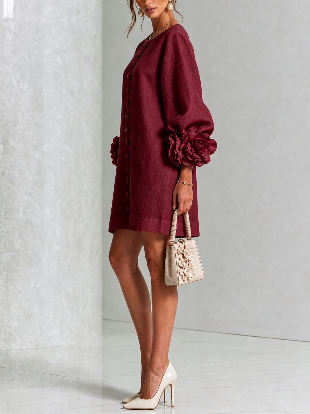 Camellia | Mini Robe à Poignets Ornés de Roses